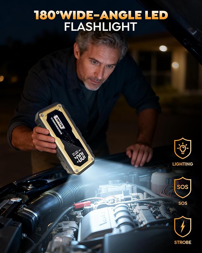 Amplyn Car Jump Starter with 65W Quick Charger 24000mAh Battery Pack,12V Car Battery Jumper Starter Portable,LED Display,All Gas 12L Diesel Engine Booster,Jump Box with LED Light,Jump Cable