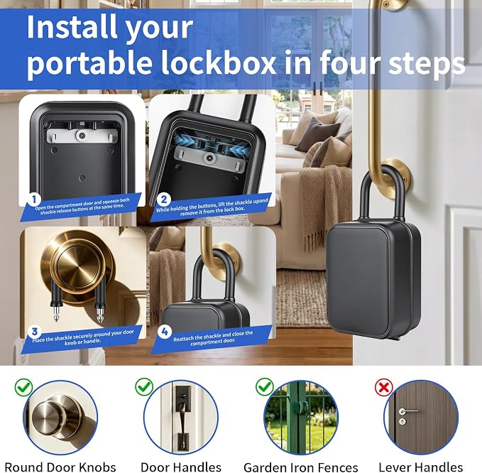 Smart Key Lock Box with Bluetooth APP, Remote Code Sharing & PIN Code Unlock, IP65 Heavy Duty Zinc Alloy Wall Mounted for Airbnb Hosts Realtors, Holds 5 Keys+Cards (Gray)
