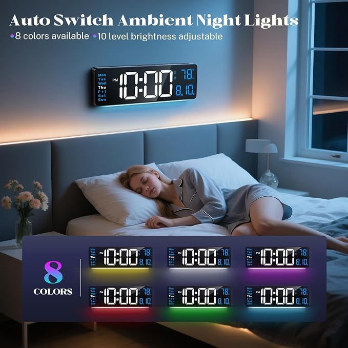 Digital Wall Clocks for Classroom, 16" Large Display Digital Electric Clock with Remote Control, Date, Week, Alarm, Temperature, Night Light for Living Room, Bedroom, Gym, Office(Blue)