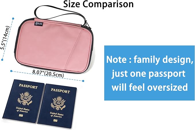 Lagre Family Passport Holder for 4, Pink | Multiple Passport Bag, RFID Blocking, Waterproof with Zipper, For Women & Men