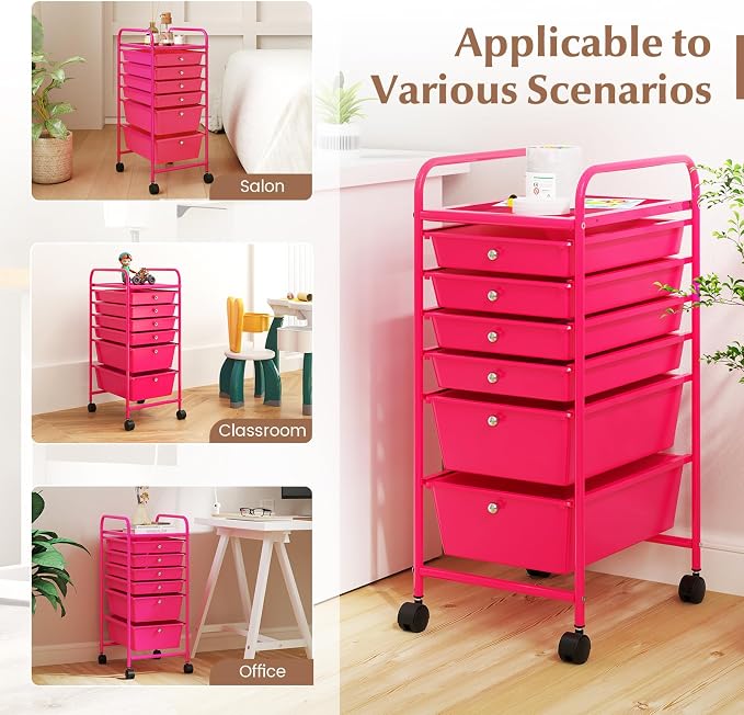 COSTWAY 6-Drawer Rolling Storage Cart, Art Craft Tools Organizer on Wheels | Multifunctional Heavy Duty Utility Mobile Storage Trolley w/ 2 Lockable Wheels for Home Office School (Hot Pink)