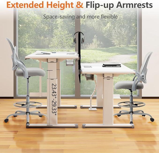 Sweetcrispy Tall Drafting Office Desk Chair - Ergonomic High Stool Computer Chair with Adjustable Height and Comfy Lumbar Support, Rolling Counter Height with Flip-up Arm and Footrest, Grey