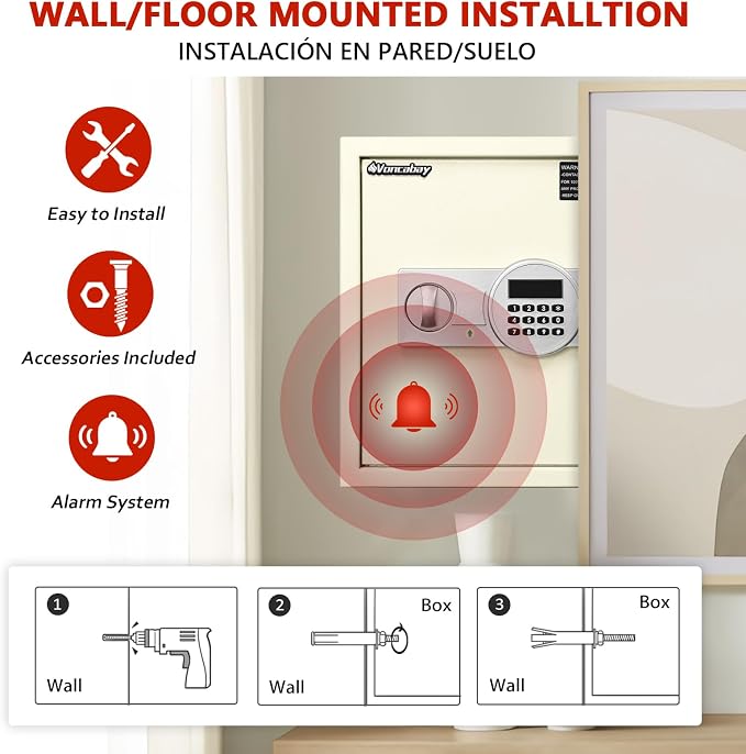 Voncabay Money Safe Box for Home with Digital Keypad, 1.5 Cu. Ft., White | Alloy Steel, 2 Fireproof Bags, Digital Keypad with Display, Removable Shelf, Alarm System, 14 x 13 x 13 In.