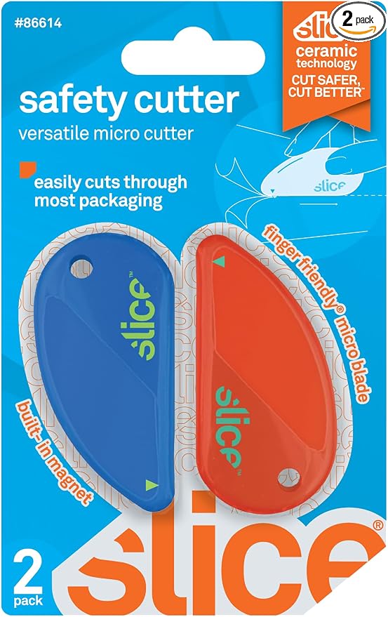 Slice Micro Safety Cutter | Safe Ceramic Box Cutter Lasting 11x Longer than Metal | Keychain Box Opener | Combo Pack | Blue + Orange