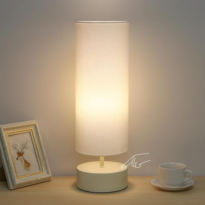 Touch Control Table Lamp, 3 Way Dimmable Bedside Lamp, Modern Desk Lamp | Simple Nightstand Lamp, Cream Base with Beige Shade, Night Light for Bedroom Living Room Home Office, LED Bulb Included
