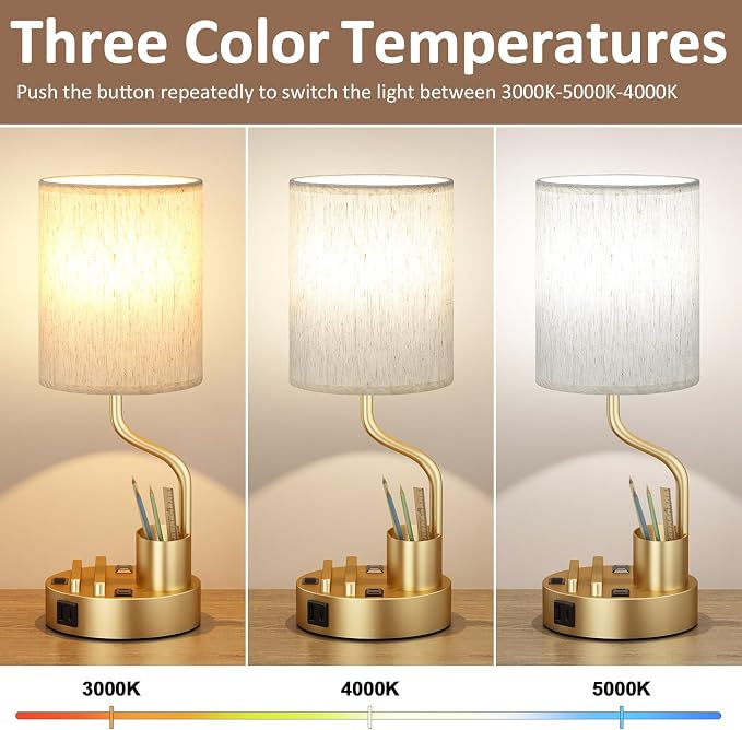 Bedside Lamps for Bedroom Set of 2 - Table Desk Lamp for Nightstand | 15" Table Lamp for Living Room with Pen Holder & Phone Stand, USB A+C Port, AC Outlet, 3 Color Temperature, LED Bulb Included