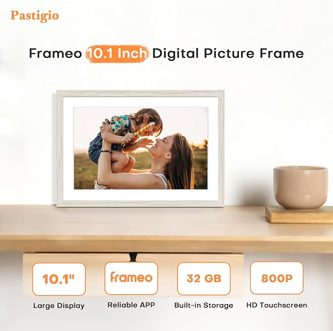 Frameo 10.1 Inch WiFi Digital Picture Frame, Frameo Digital Frame WiFi, 1280x800 HD Touch Screen, 32GB, Instant Sharing Electronic Photo Frame, Auto-Rotate, Wall Mountable, Mom Gifts, White Woodgrain
