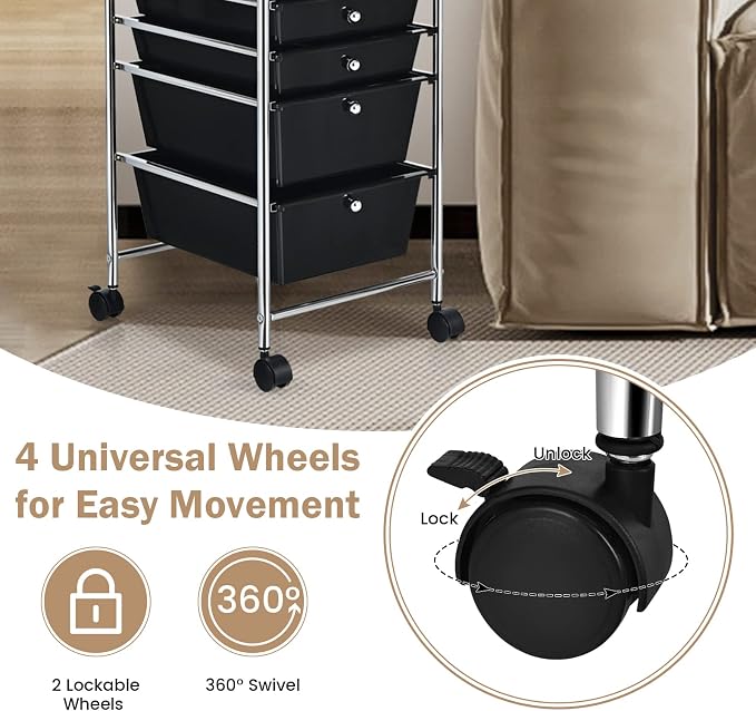 COSTWAY 6-Drawer Rolling Storage Cart, Art Craft Tools Organizer on Wheels | Multifunctional Heavy Duty Utility Mobile Storage Trolley w/ 2 Lockable Wheels for Home Office School (Black)