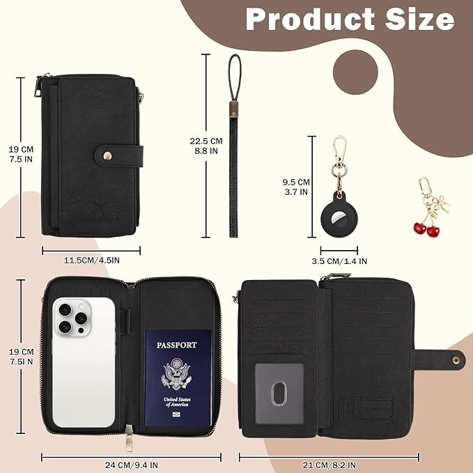RFID Blocking Passport Wallet, Anti Theft PU Texture Passport Pouch with Tracker Case, Travel Document Organizer Zipper Wallet with Wrist Strap & Keychain, Gifts for Women and Men (Brown)