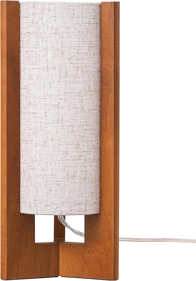 EDISHINE 13.5" Small Table Lamp, Walnut Wood Cylinder Nightstand Lamp, E26 | Beige Linen Shade, On-Off Line Switch, Three-Sided Base, Corner Modern Bedside Lamp for Living Room, Bedroom