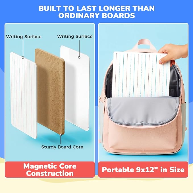GAMENOTE 6 Pack Dry Erase Lap Boards, Lined and Blank, 9 x 12 in | 6 pack double sided 9 x 12 boards pair a lined side with a blank side for reusable writing practice.