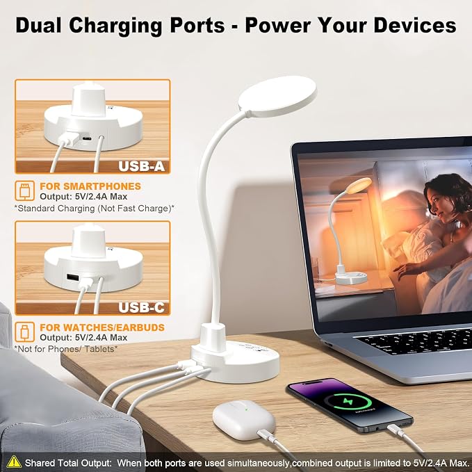 15W LED Desk Lamp with USB Charging Ports, [Button & Remote Control] Dimmable Table Lamp with 3 Color Modes, 5 Brightness Levels, 4 Timers, Flexible Reading Light for Home Office, Bedroom, Kids Study