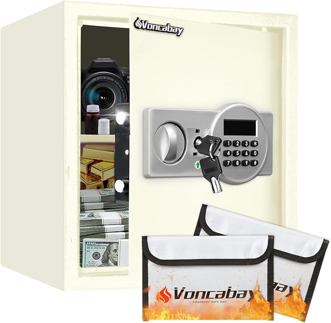 Voncabay Money Safe Box for Home with Digital Keypad, 1.5 Cu. Ft., White | Alloy Steel, 2 Fireproof Bags, Digital Keypad with Display, Removable Shelf, Alarm System, 14 x 13 x 13 In.