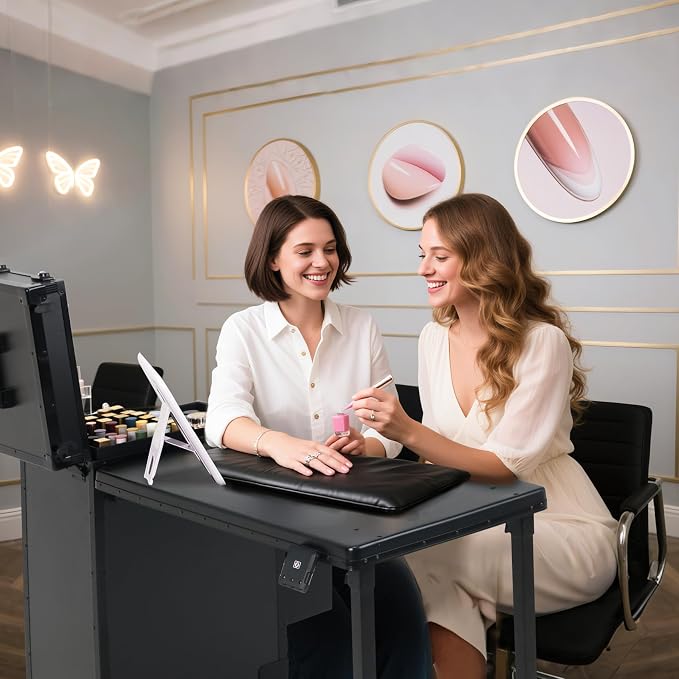 Rolling Portable Manicure Table with 3 Drawers, Lockable Makeup Train Case with Detachable Mirror, Foldable Nail Desk with Wheels & Handle, Mesa de Uñas Profesional para Nail Techs & Salon Use, Black