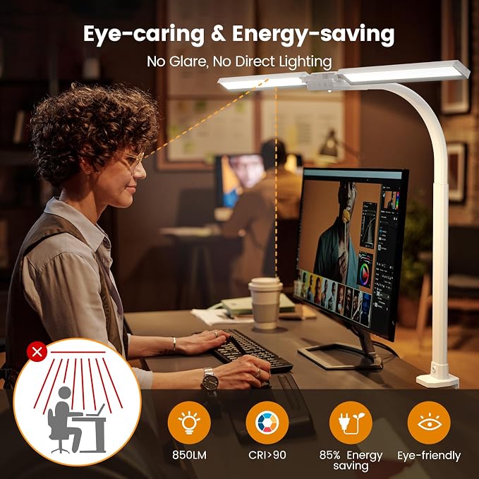 Upgraded LED Desk Lamp for Home Office with RGB, Rotatable Computer Desk Light with Remote, Tall Table Lamp with Clamp for Working, Dimmable Dual Head Task Lighting for Monitor PC, 22W