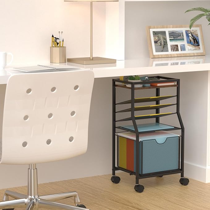 BOHDK Rolling File Cart, 6-Tier Desk File Organizer on Lockable Wheels, Brown Wood Planks & Mesh Sliding Hanging Folder Drawer, Organization Cart for Office Home School