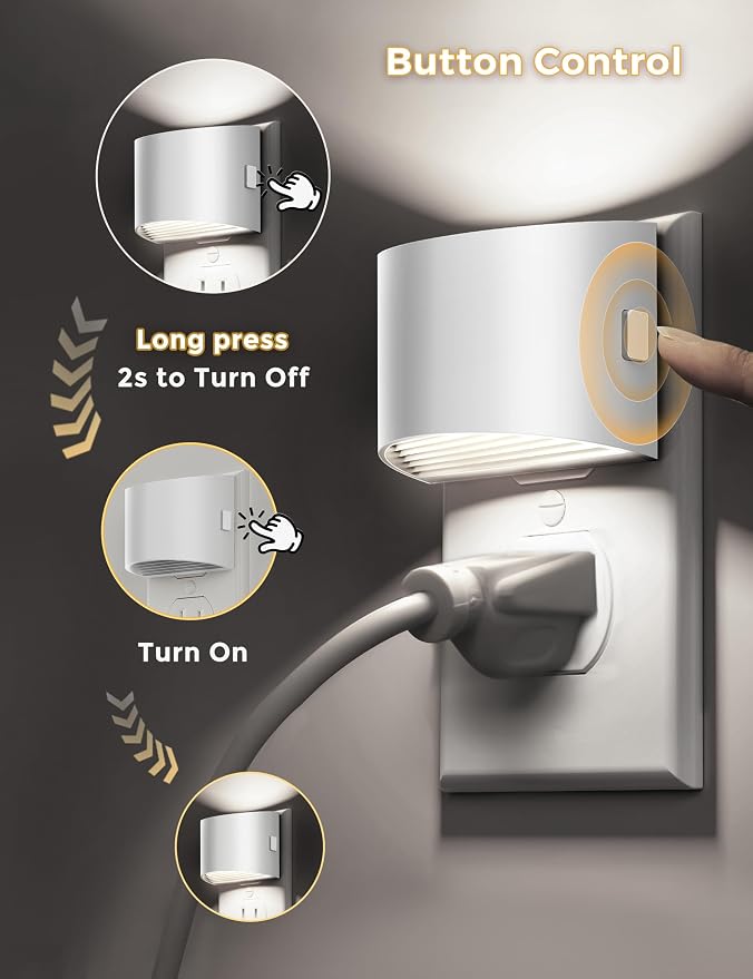 L LOHAS LED Night Lights Plug into Wall, Dimmable Night Light with 3 Level Brightness, 5000K Daylight White, 2 Pack, White Housing