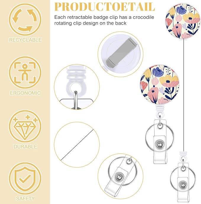 3 Set Flower Badge Holder Retractable Reel ID Badge Holders with Clip Cute Name Badge Holders for Teacher Nurse Doctor Student Office Workers