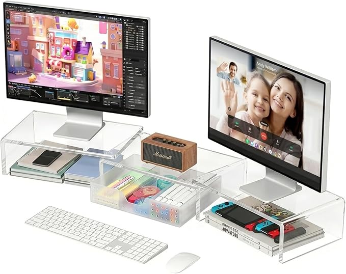 Clear Acrylic Desk Organizers and Accessories, Dual Monitor Stand Riser with Drawer, Desk Shelf Computer Racks for Office Workspace Organizers, Desktop Organization (Transparent)