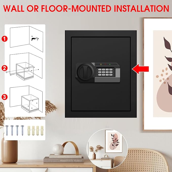 3.3 Cuft Large Home Safes Water and Fireproof, Anti-theft Floor Safe for Home Use with Programmable Keypad, Alarm System and Spare Keys, Digital Home Safes for Documents, Medicine