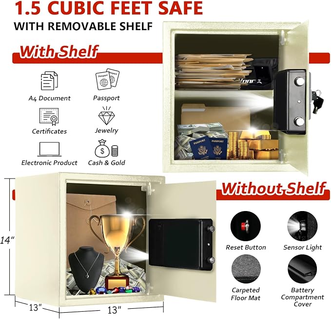 Voncabay Money Safe Box for Home with Digital Keypad, 1.5 Cu. Ft., White | Alloy Steel, 2 Fireproof Bags, Digital Keypad with Display, Removable Shelf, Alarm System, 14 x 13 x 13 In.