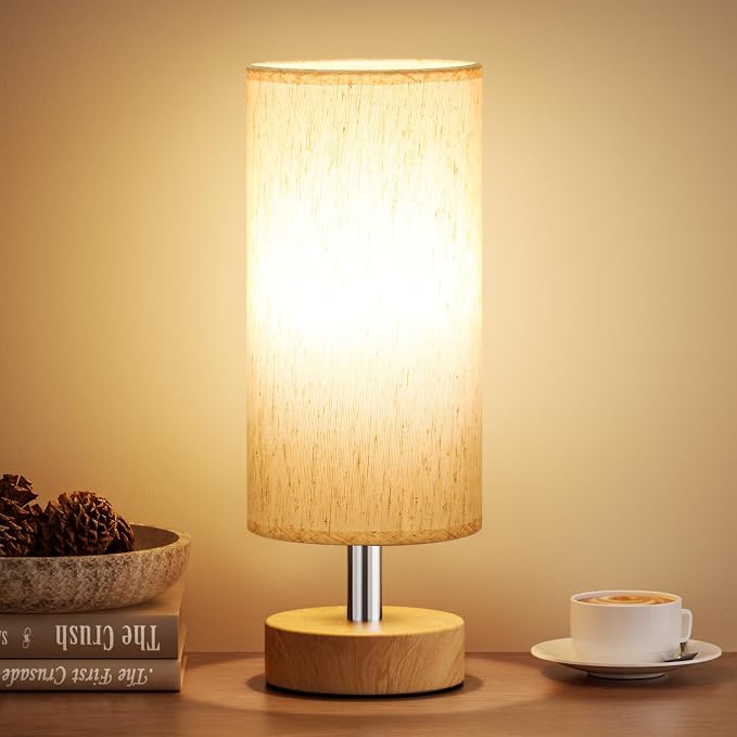 Table Lamp for Bedroom（Cream Shade - Wood Base, 11.6" Inline Control） | Bulb not Included | Minimalist Desk Lamp | Linen Fabric Shade | for Living Room | for Dorm