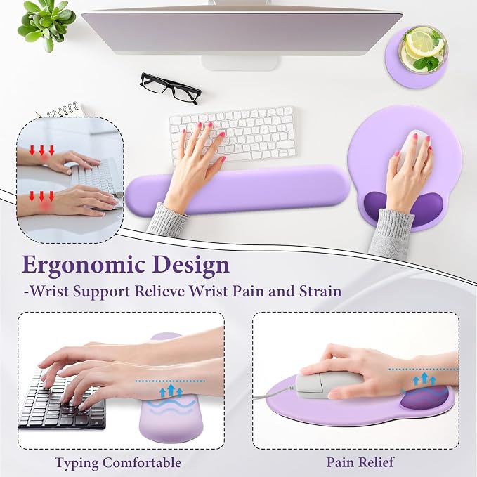3 in 1 Ergonomic Mouse Pad and Keyboard Wrist Rest with Coaster Set-Purple | Cute Large Mousepad with Gel Wrist Support for Gaming Computer Laptop Women Office Home Desk Decor