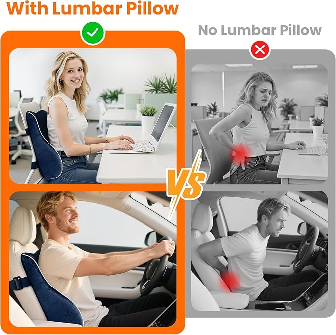 CloudBliss XL Lumbar Support Pillow, Memory Foam for Office Chair, Blue | Ergonomic High-Density Memory Foam, Adjustable Straps, Washable Mesh Cover, Lower Back Support for Office, Gaming & Car Seat