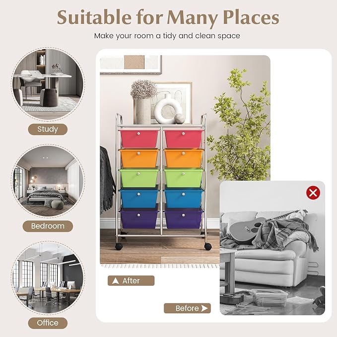 10 Drawer Rolling Cart, Storage Cart Organizer on Wheels, Drawer Cart with Metal Frame & Large Storage Capacity, Rolling Cart with Drawers for Living Room Classroom, Office