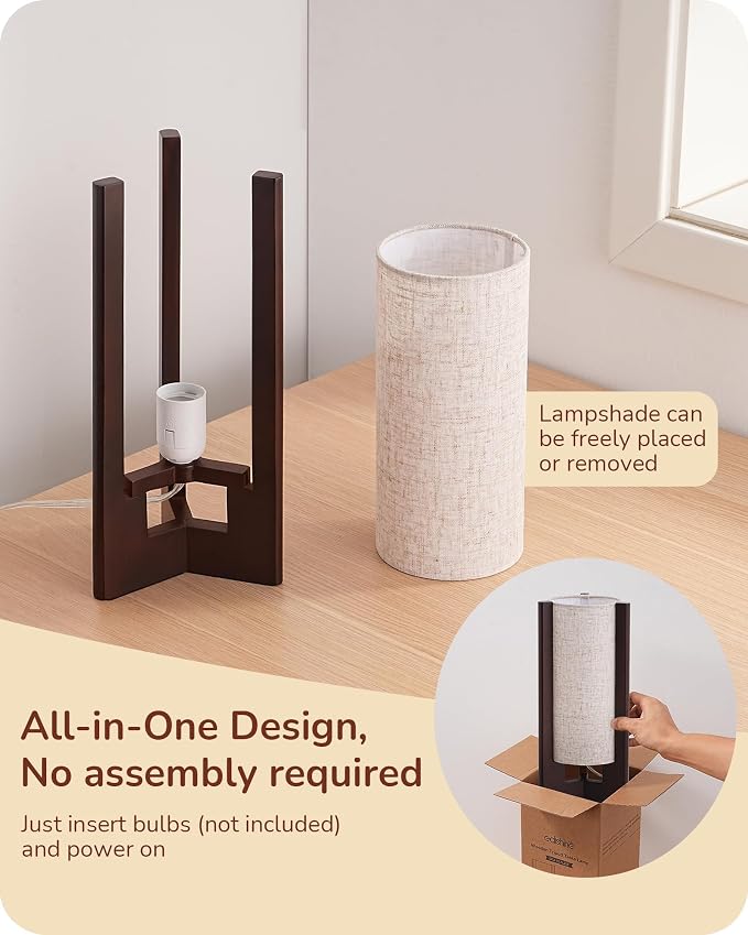 EDISHINE Wood Table Lamp, 13.5" Small Bedside Lamp, Rosewood, E26 Base | Beige Linen Shade, Cylinder Base, On-Off Line Switch, Nightstand Lamp for Bedroom, Living Room, Office