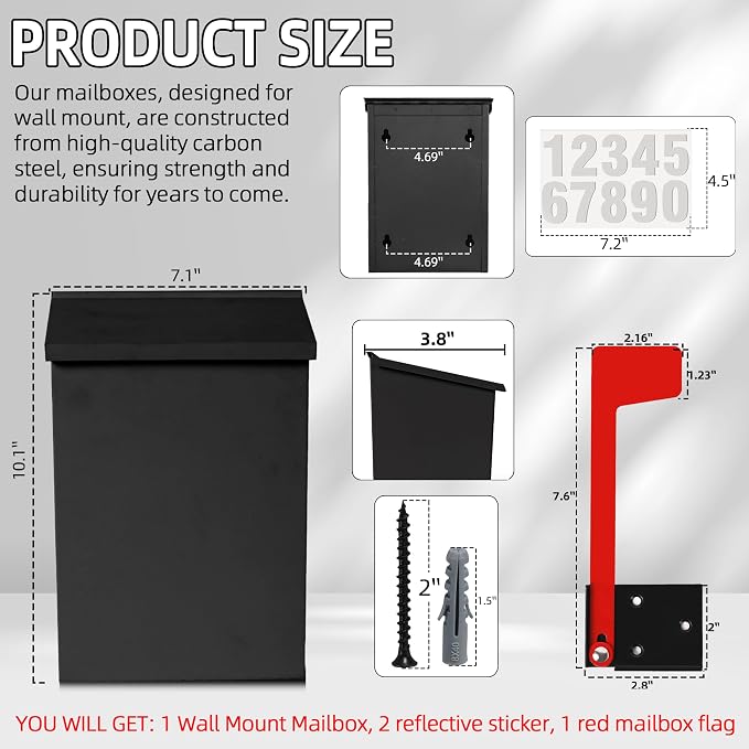 TonGass 7.1"x10.1"x3.8" Wall-Mount Mailbox for House with Flag and Number Stickers, Mailboxes for Outside Wall Mount with Screws Ideal for House Outdoor Use, Rust-Proof Carbon Steel Mailbox - Black