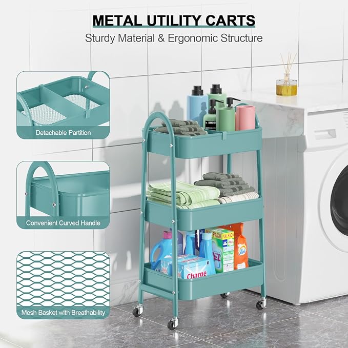 3 Tier Utility Rolling Cart, Metal Storage Cart with Handle and Lockable Wheels, Multifunctional Storage Organizer Trolley with Mesh Baskets for Kitchen, Living Room, Office, Garage (Green)