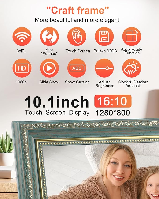 Frameo Digital Frame 10.1 Inch WiFi Digital Photo Frame with 32GB Storage, 1280x800 HD IPS Touch Screen Picture Frames Slideshow, Long Distance Realationship Gifts, Elderly Tech-Midnight Blue