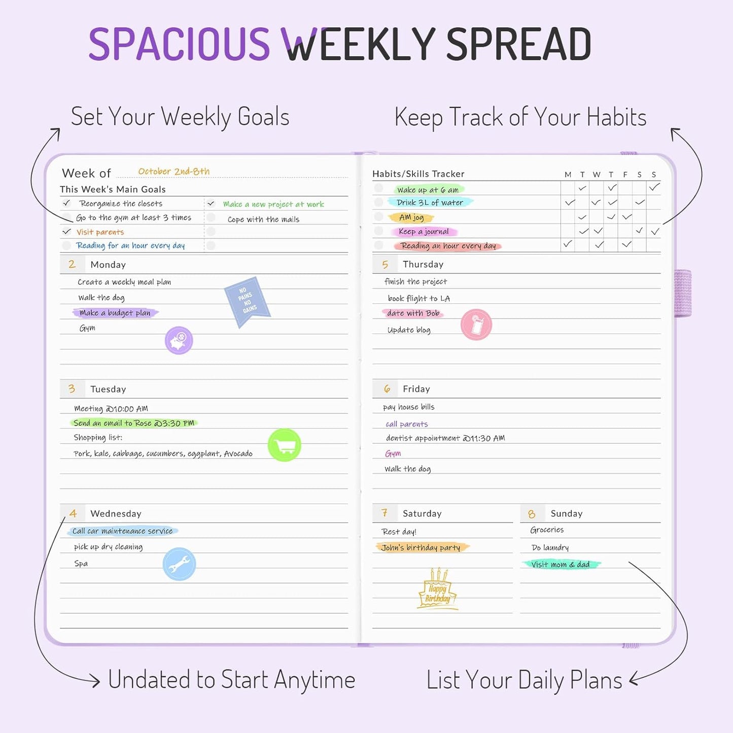 Undated Weekly Planner for 2025, Forvencer Simplified Weekly & Monthly Calendar Planner, Cute Daily Organizer Notebook, Agenda Journal to Track Goals & Tasks, Start Anytime, A5 Size, Brown Leaf