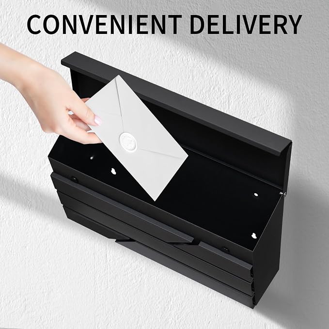 Wall Mount Mailbox for House Outside, Large Capacity Mailbox Drop Box, Galvanized Steel and Rust-Proof Metal Post Box, 15.74"x9.84"x4.33", Black, MD065