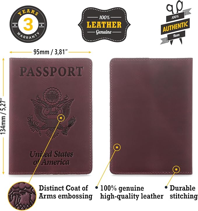 US Leather Passport Book Cover - Thin American Travel Passport Holder - Premium International USA Passport Protector Case for Women Men (Maroon Vintage)