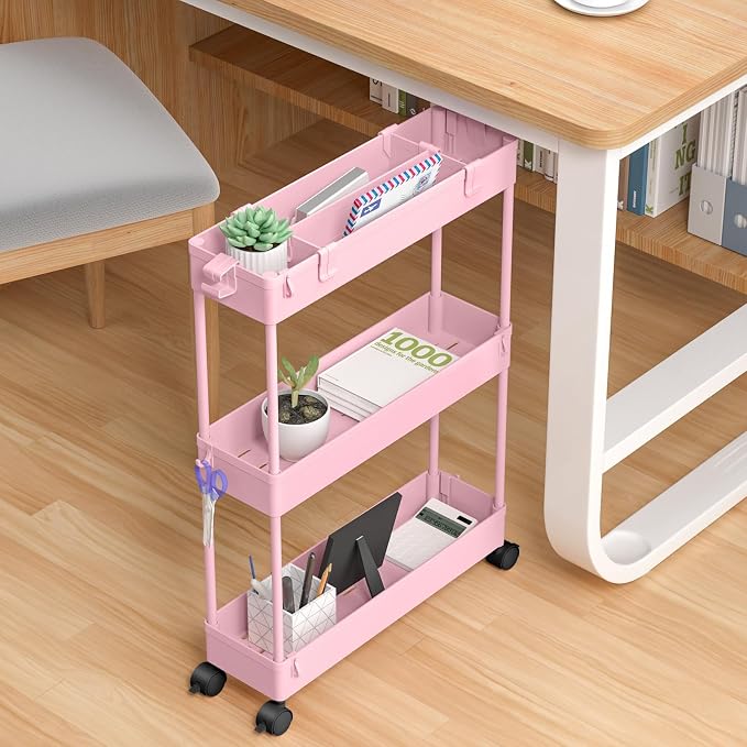 Slim Storage Cart 3 Tier,Bathroom Organizer Rolling Utility,Mobile Shelving Unit Slide Out for Office, Kitchen, Laundry Room & Narrow Places,Pink