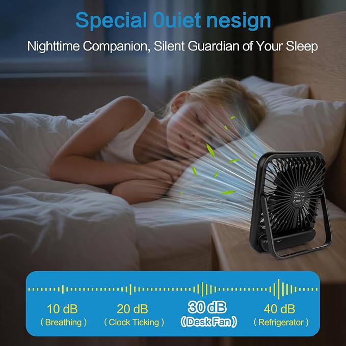 100-Speed Ultra-Quiet Desk Fan for Sleeping, 6.8" Rechargeable Portable Fan with LED Display, 180° Adjustable Head & Tripod Base - Battery/USB Powered Mini Fan for Office, Cruise, Travel (black)