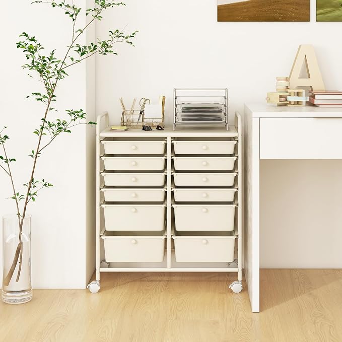 12 Drawer Rolling Storage Cart, Craft Cart Organizer on Wheels w/Metal Frame, Large Capacity & Smooth Drawer, Rolling Cart w/Drawers for Classroom, Office