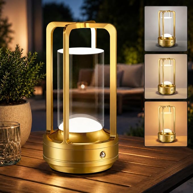 Rechargeable Table Lamp for Outdoor Indoor Portable Lamp with 3 Colors | Cordless Table Lamps - Dimmable LED Metal Battery Operated Lantern - Small Table Lamp for Bedroom/Bar/Coffee Shop/Camping