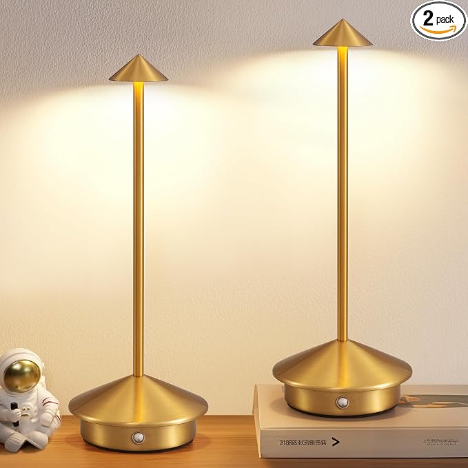 Modern Cordless Table Lamp Set of 2, Gold Portable LED Desk Lamps | 5000mAh, Rechargeable, Battery Operated Lighting for Bedroom, Dining Room, Restaurant, Coffee Shop, Camping, Night Light