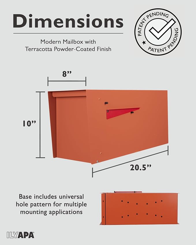 Ilyapa Modern Mailbox for Outside Post Mount - Terracotta Heavy Duty Powder Coated Metal Mailbox, Waterproof Letter Box for Parcels