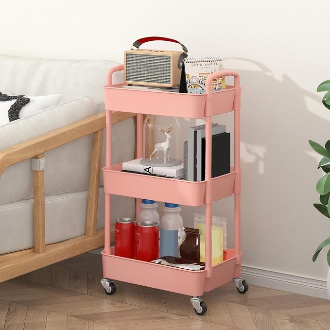 Sywhitta 3-Tier Plastic Rolling Utility Cart with Handle, Multi-Functional Storage Trolley for Office, Living Room, Kitchen, Movable Storage Organizer with Wheels, Pink | Multi-Functional Storage Trolley, for Office, Living Room, Kitchen, Bathroom,Mova...