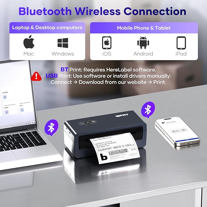 iDPRT Shipping Label Printer 4x6 Bluetooth Thermal Label Printer for Small Business and Shipping Package, Support Android, iPhone, Windows, macOS, Widely Used for Amazon, Shopify, Ebay