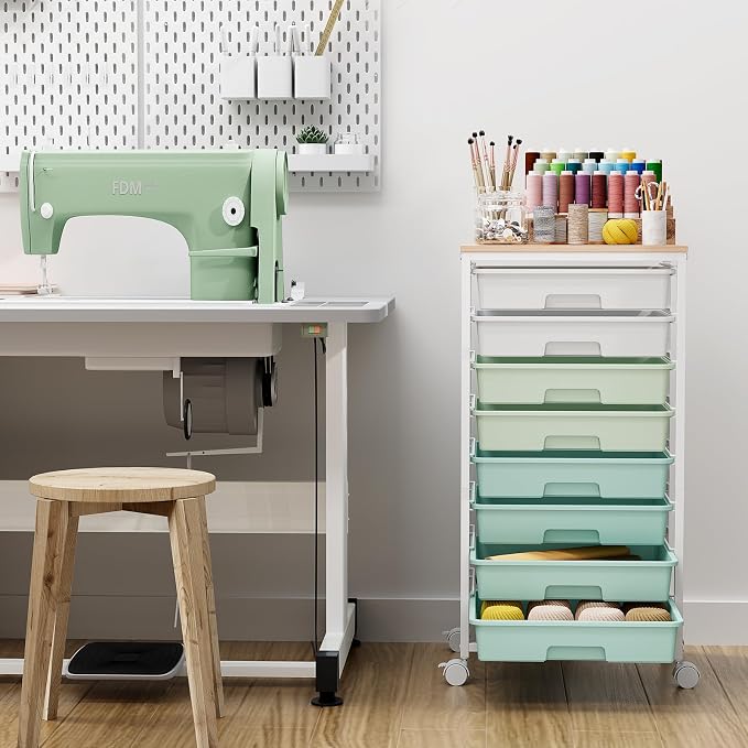 Storage Cart with 8 Drawers, Utility Cart with White Drawers and Wooden Tabletop, Craft Cart, Teacher Organization for Classroom, Storage Furniture, Office Organization, Green | Utility Cart on Wheels with Wooden Tabletop,Teacher Organization for Class...