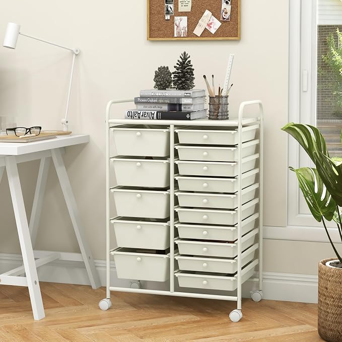 15 Drawer Rolling Storage Cart, Rolling Cart with Drawers for Classroom, Art Supply Craft Organizer on Wheel with Metal Frame & Handles for Home Office School