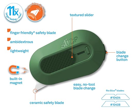 Slice Box Cutter, Heavy Duty Utility Knife, Safe Ceramic Blade Lasting 11x Longer than Metal, Sage, Combo Pack