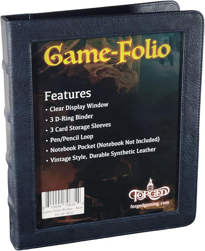Forged Dice Co. Game-Folio PU Leather Portfolio Binder - Gaming Binder for DND Character Sheets with DND Spell Cards Organizer and Clear Front Pocket - Compatible with Dungeons and Dragons RPG - Blue