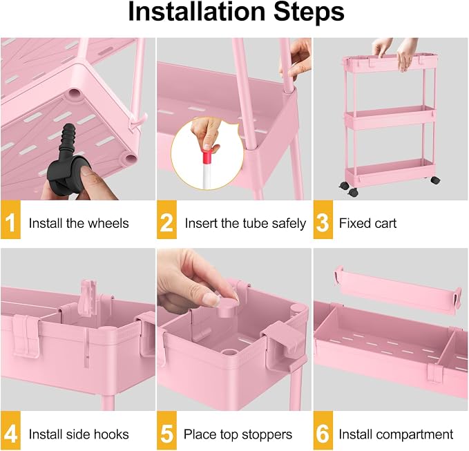 Slim Storage Cart 3 Tier,Bathroom Organizer Rolling Utility,Mobile Shelving Unit Slide Out for Office, Kitchen, Laundry Room & Narrow Places,Pink