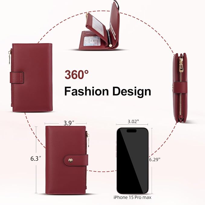 yiijay Womens Wallet RFID Blocking Leather Trifold Clutch Wallet Credit Card Holder Ladies Travel Wallet Purse with Passport/Pen Holder